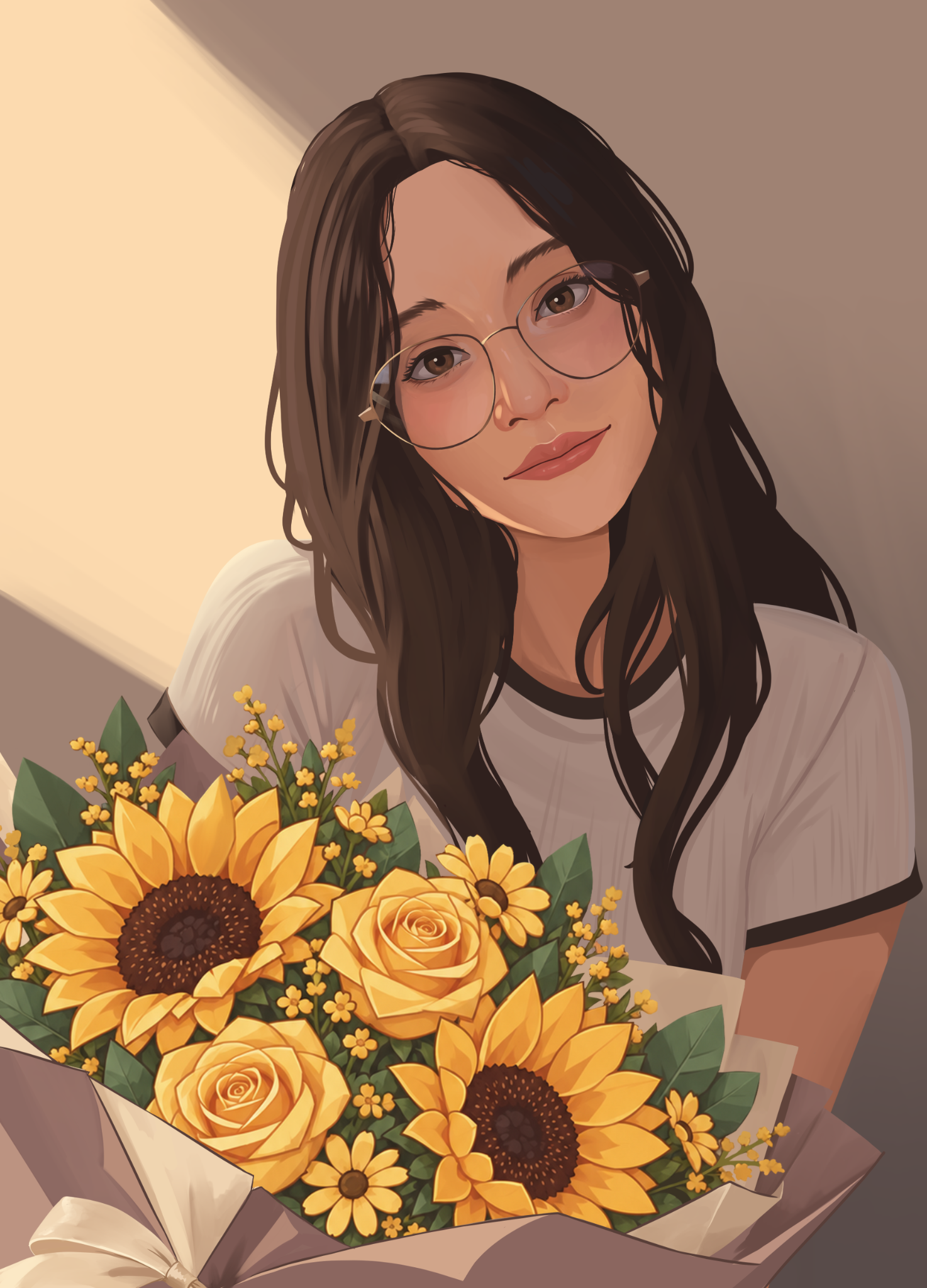 Ilustración de Aleli con gafas y un ramo de flores amarillas, hecha por Luis.